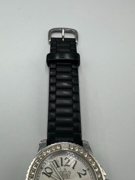 Juicy Couture Watch Women Silver Tone Crystal Bezel Black Silicone Band 8.5\